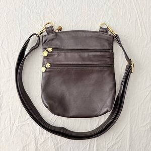 Vintage Italian Leather Dark Brown Crossbody Bag with gold hardware